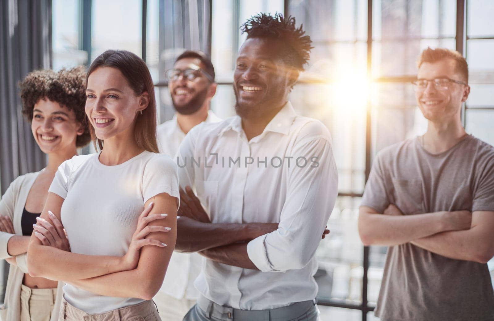 Face of beautiful woman on the background of business people