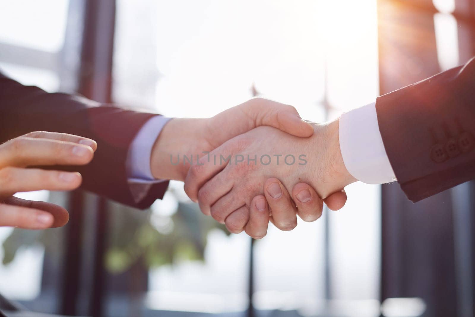 Unknown businesspeople are shaking their hands after signing a contract, while standing together in a sunny modern office