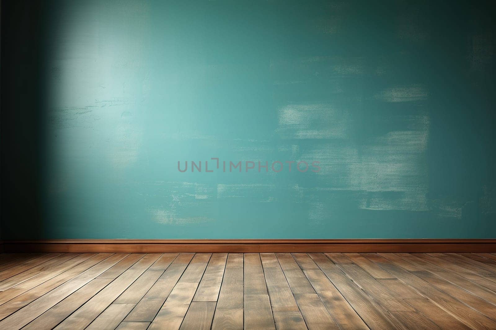 Empty room in vintage style, shabby turquoise wall and wooden floor.