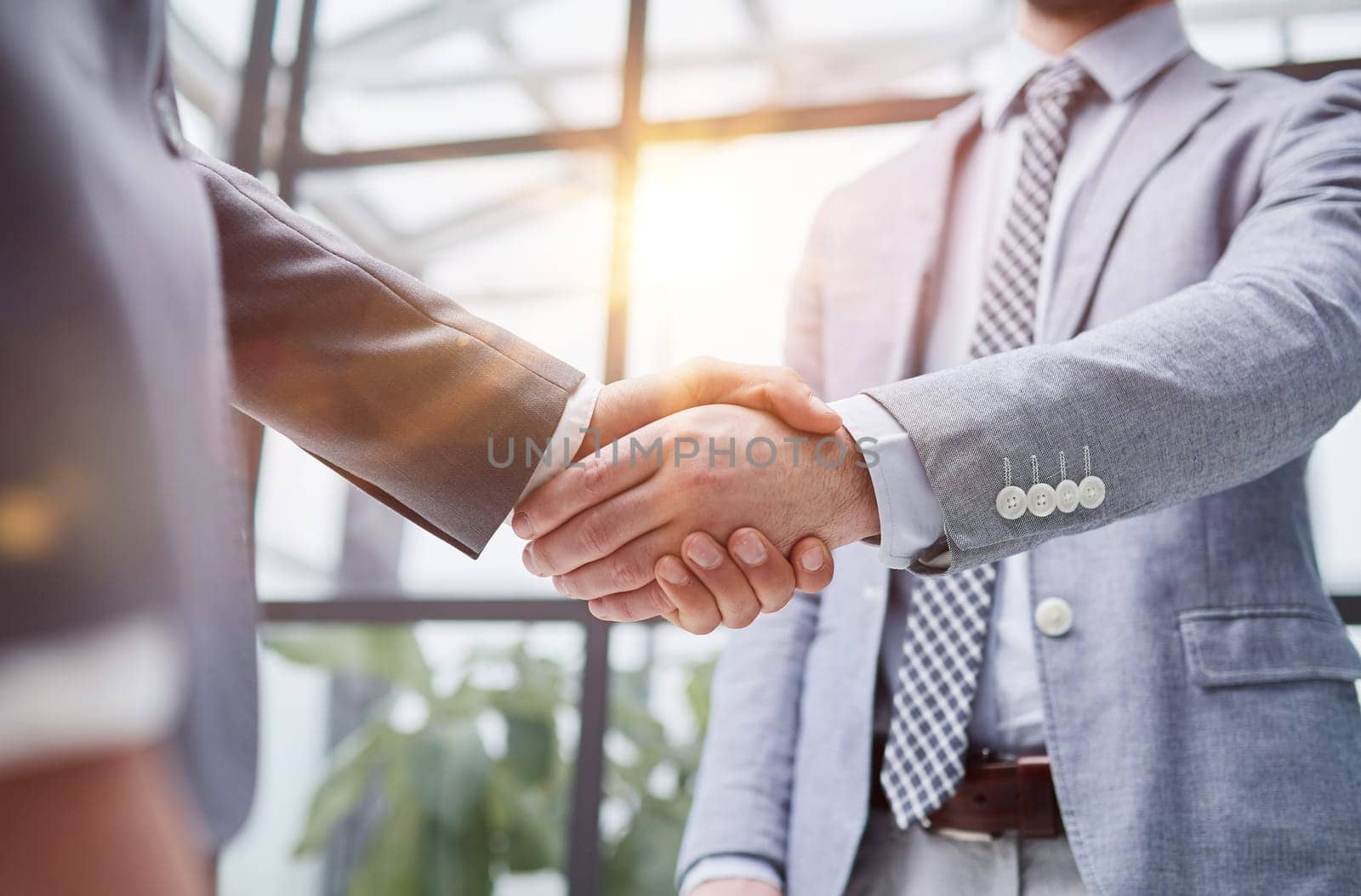 Two diverse professional business men executive leaders shaking hands at office meeting.