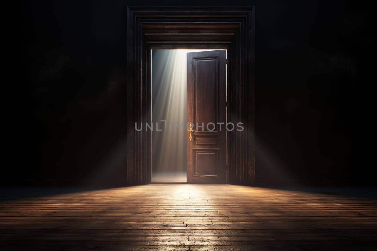 Bright rays are visible from the slightly open door. The door to a better future or paradise.