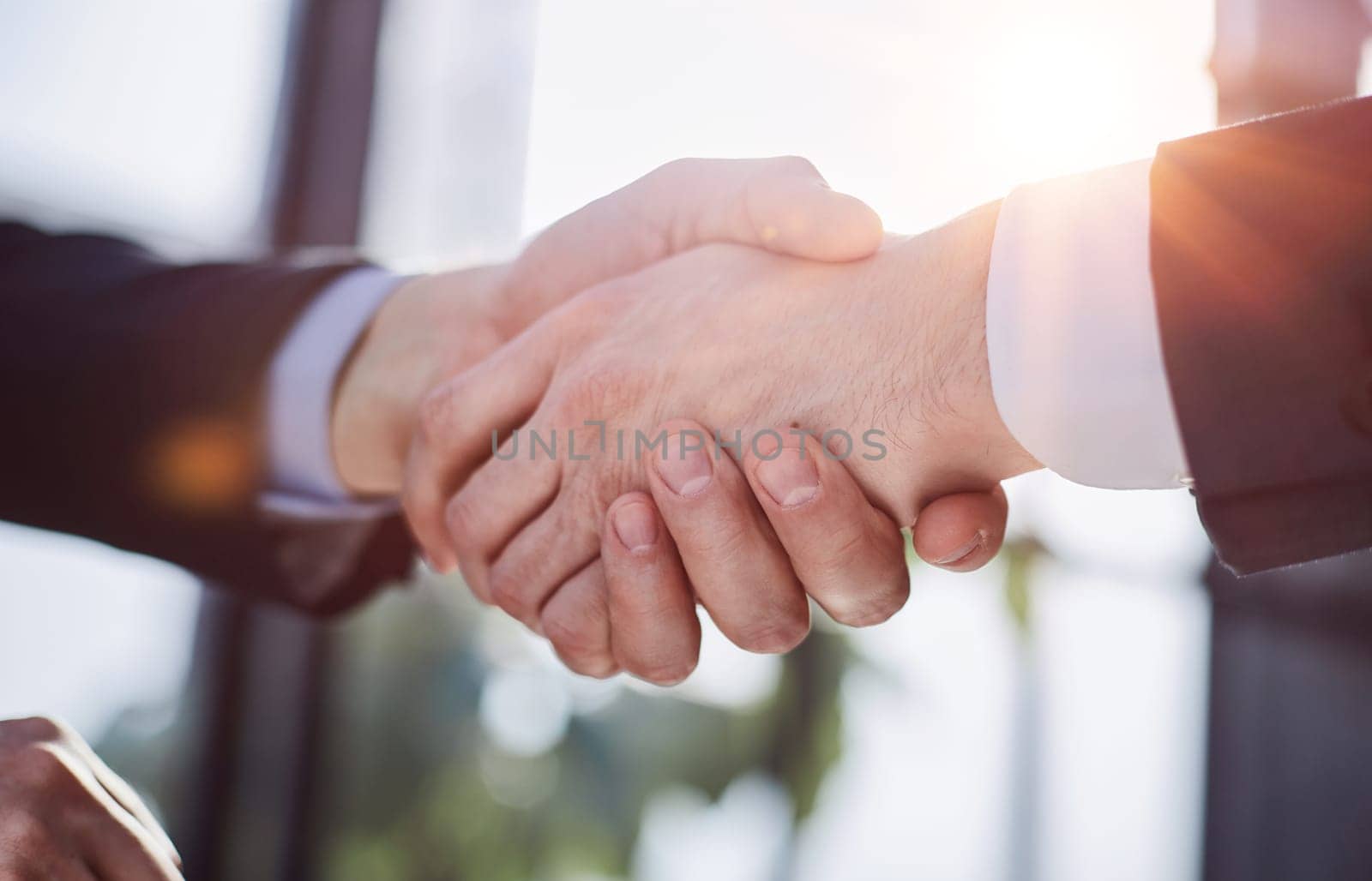 Good deal. Close-up of two business people shaking hands while. by Prosto