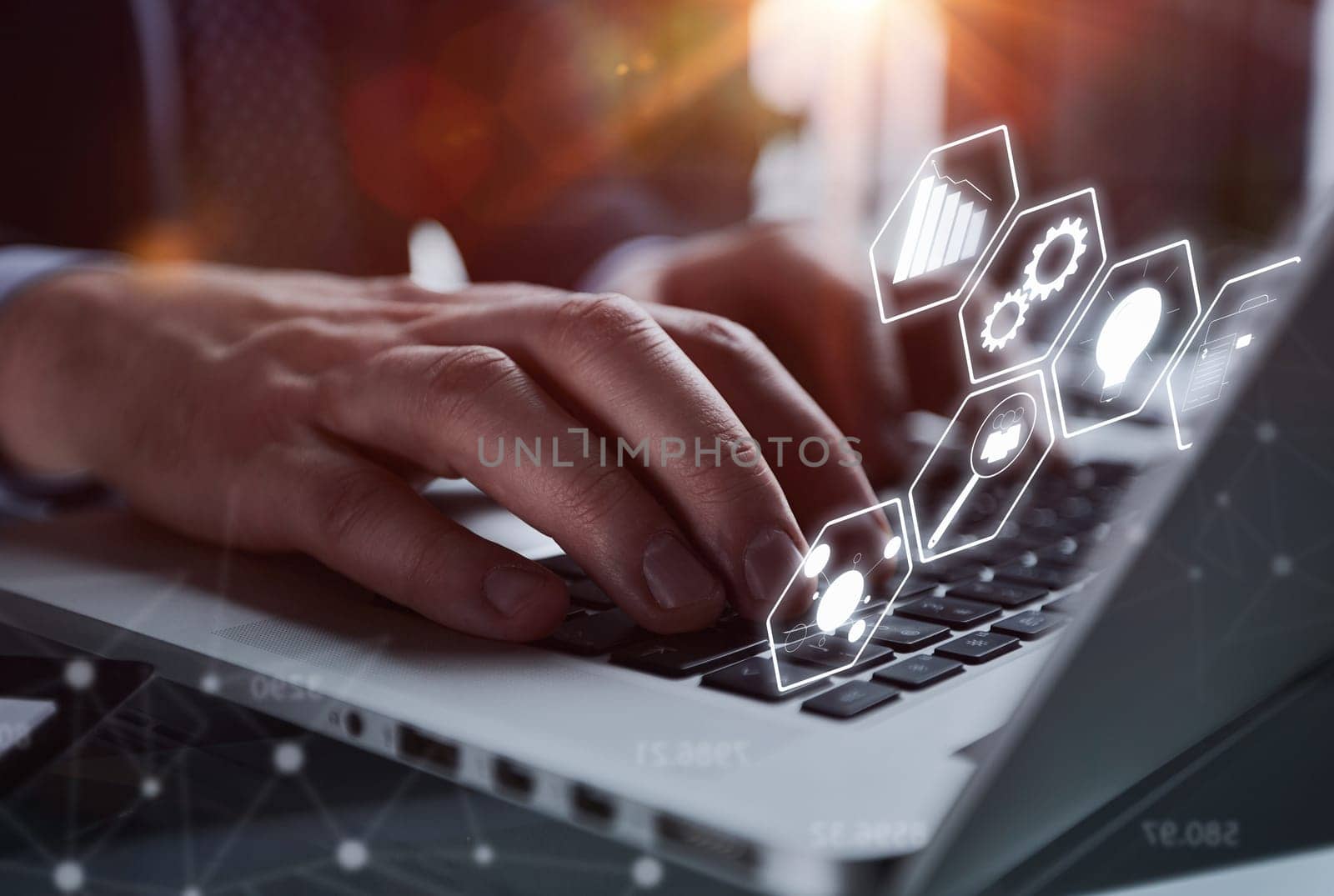 Man hands typing on laptop computer keyboard and surfing the internet on office table by Prosto