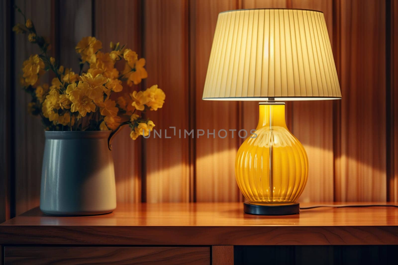 Yellow table lamp on a wooden surface with a bouquet of yellow flowers, cozy warm light. Generated by artificial intelligence by Vovmar