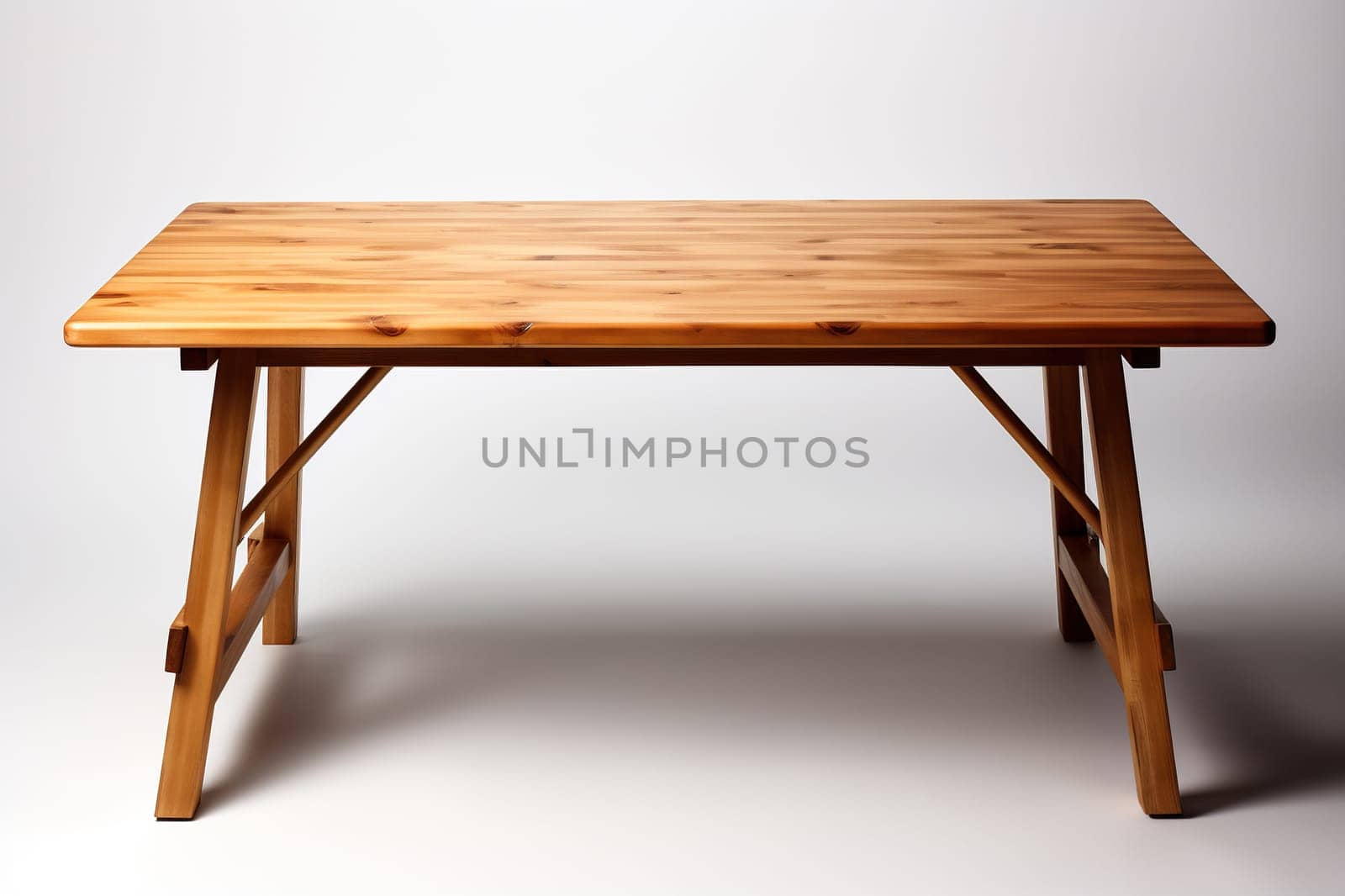 Table with legs made of natural wood on a white background.