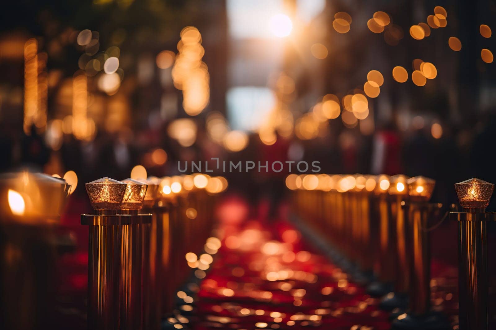 Red carpet at a film festival with a blurred golden bokeh background.
