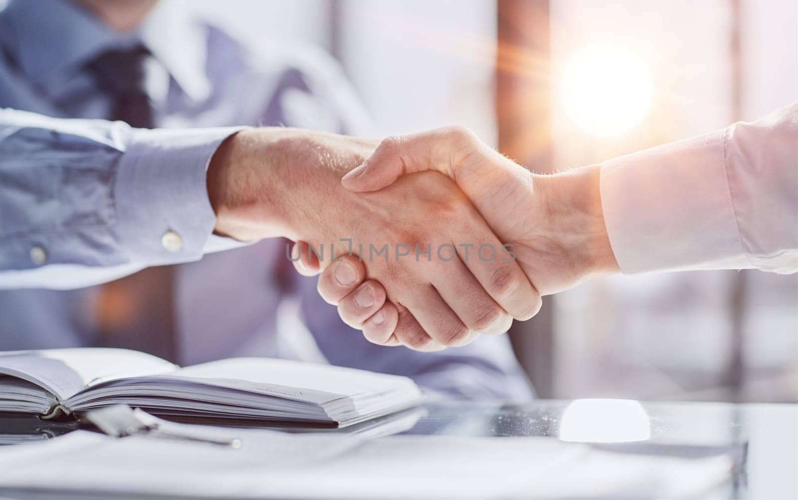 handshake of manager and client sitting at table