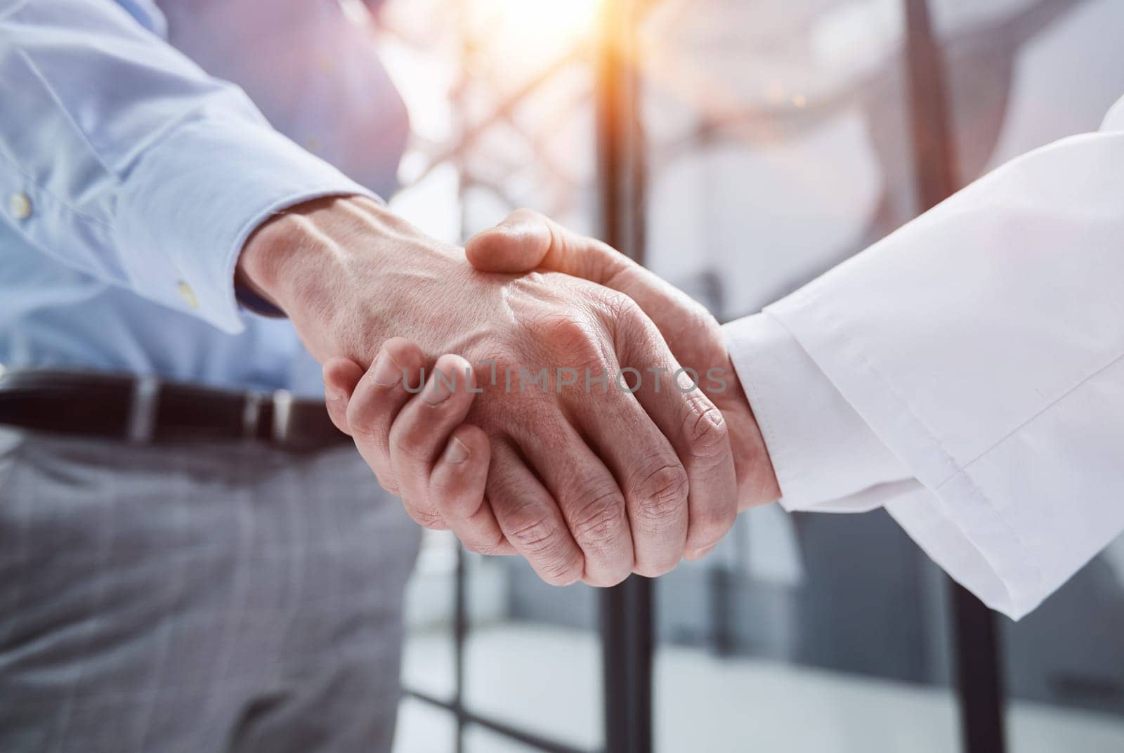 Double up on manpower to make it happen. two businessmen shaking hands during a meeting in a modern office.