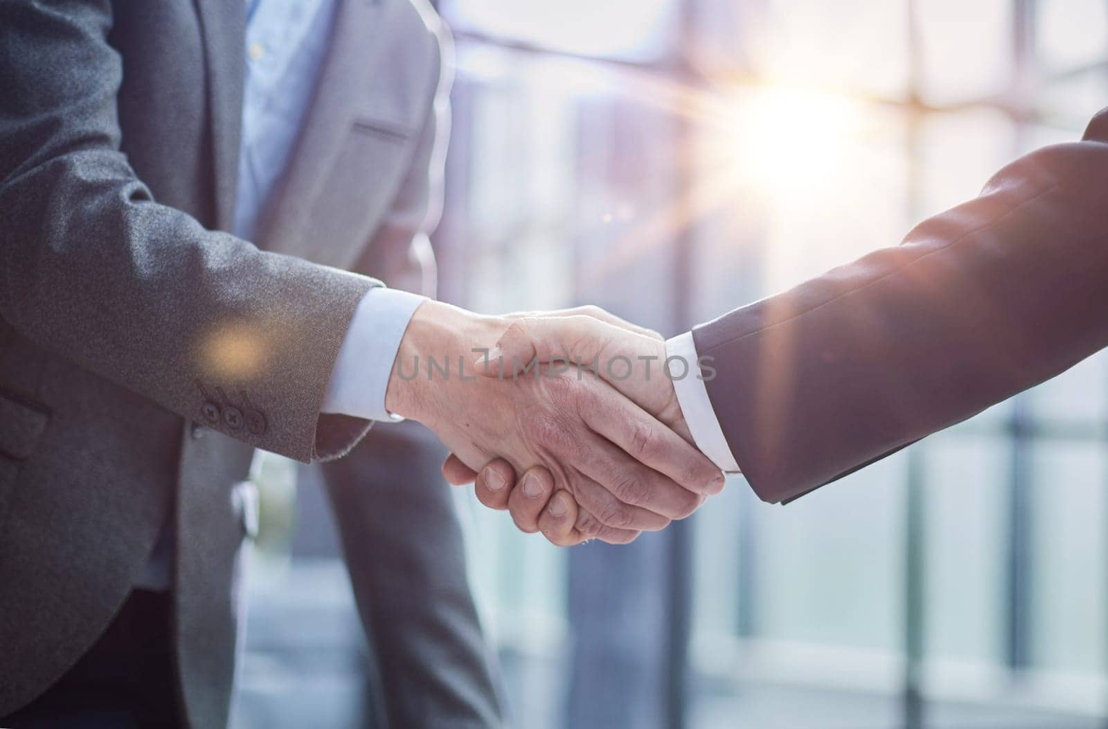 Two diverse professional business men executive leaders shaking hands at office meeting by Prosto