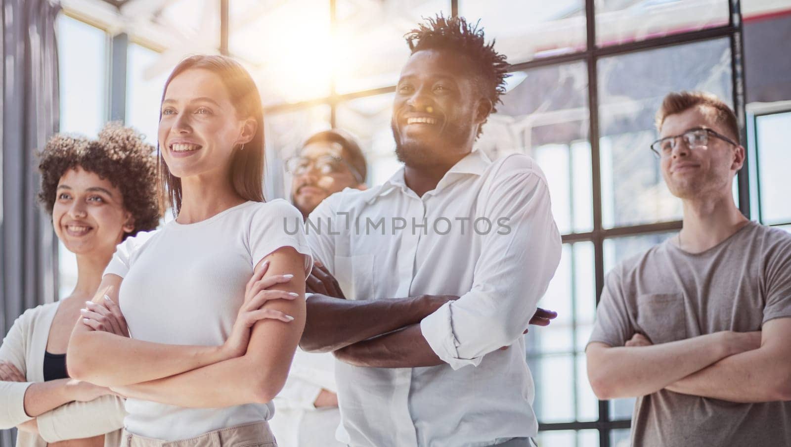 Face of beautiful woman on the background of business people