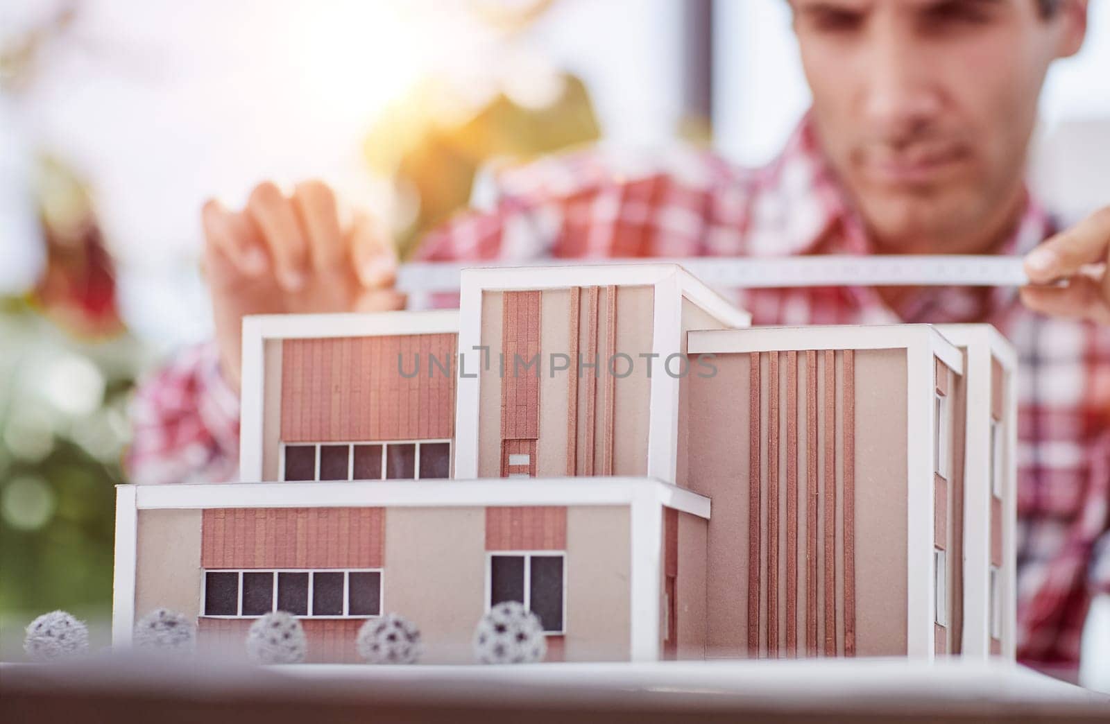 Architect Design Concept, engineer work on Blueprint Construction drawing and house model