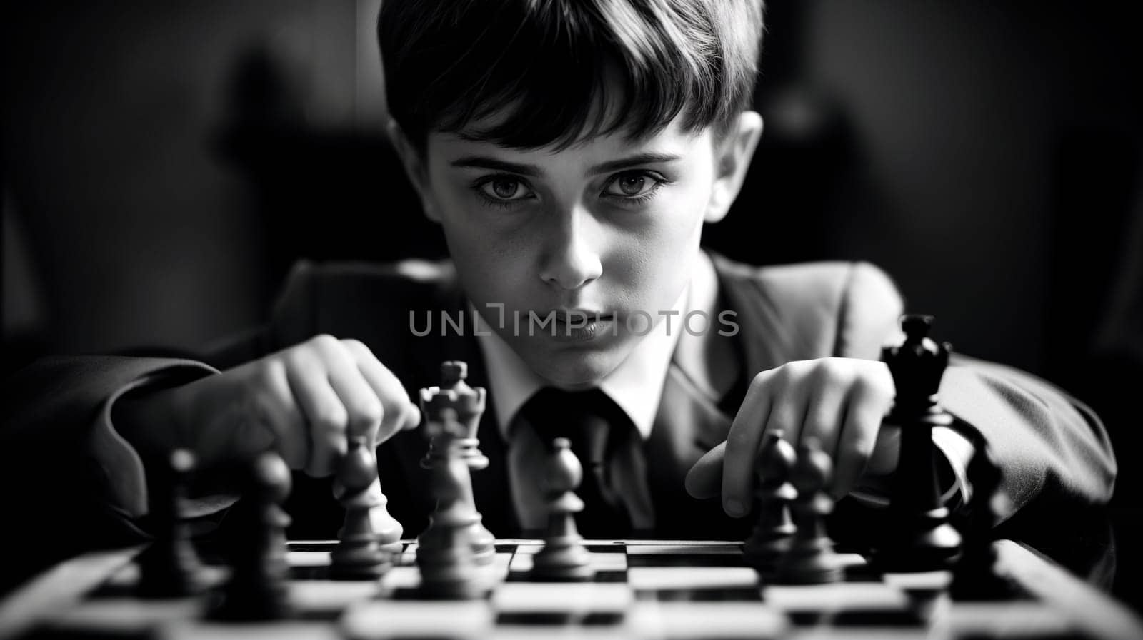 A young boy in a suit focuses intently on a game of chess, pieces in hand - Generative AI