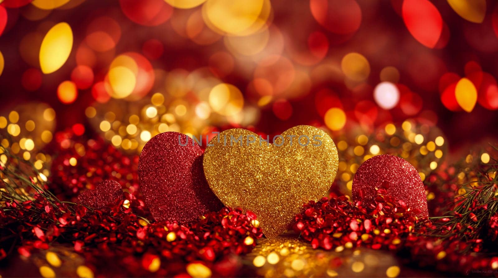 Glittering golden and red hearts with festive bokeh lights - Generative AI