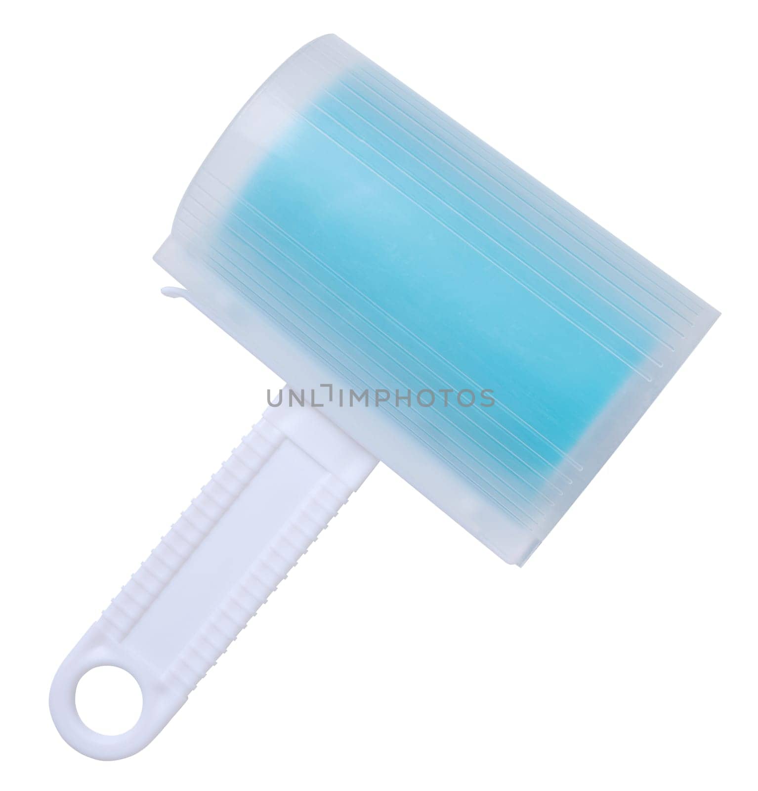 Roller with sticky tape for cleaning clothes on a white background, top view