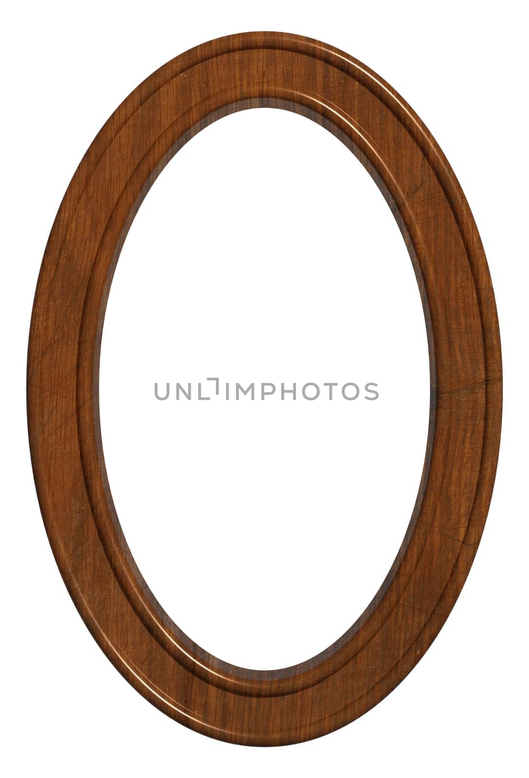 Empty oval wooden frame for paintings and photos on isolated background