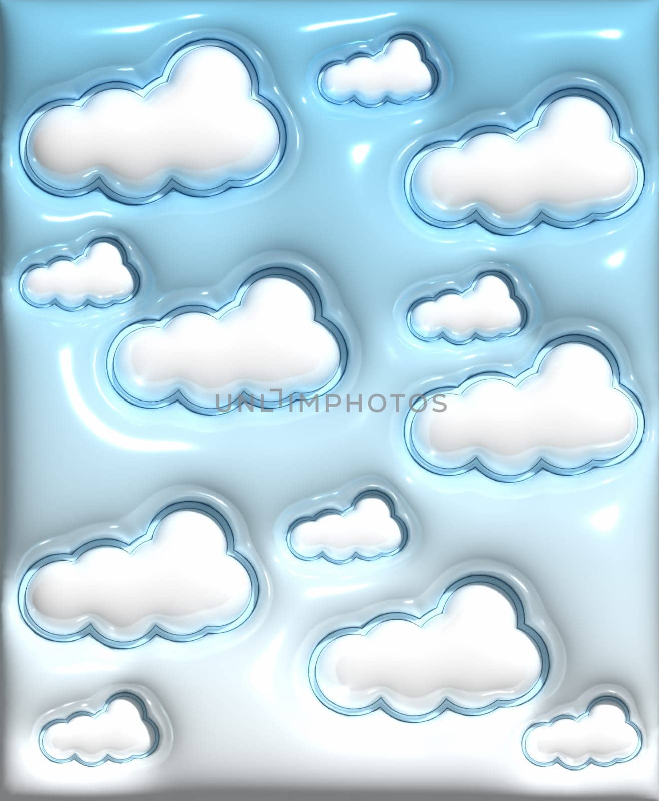 White clouds on a blue background, 3D rendering illustration