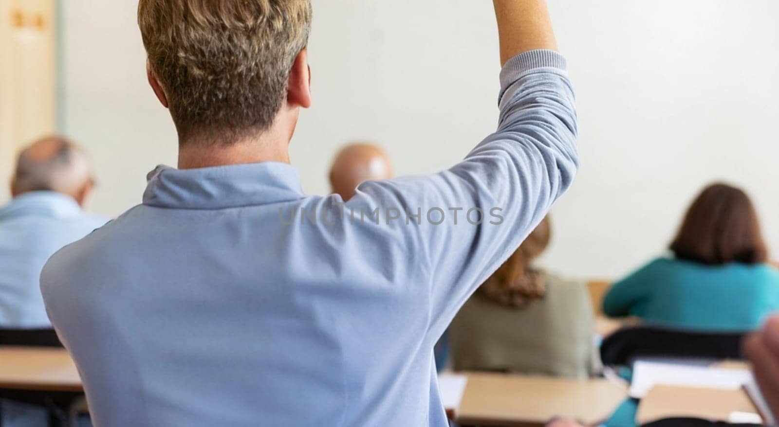 Back view of older student raising his hand to answer teacher's question during education training class. jpg ai image by Costin