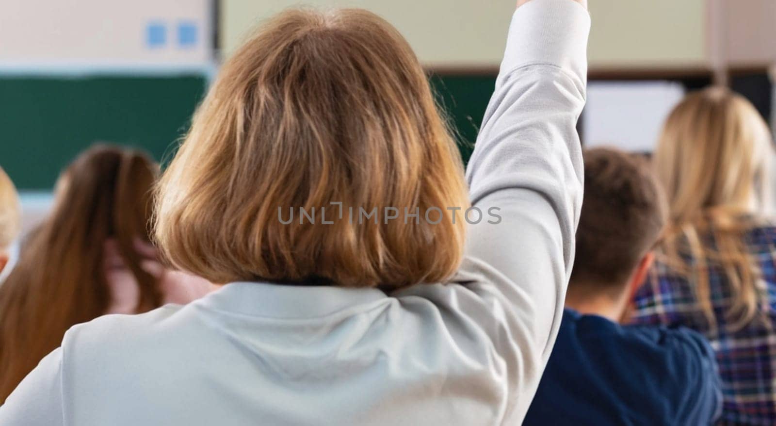 Back view of older student raising his hand to answer teacher's question during education training class. jpg ai image by Costin