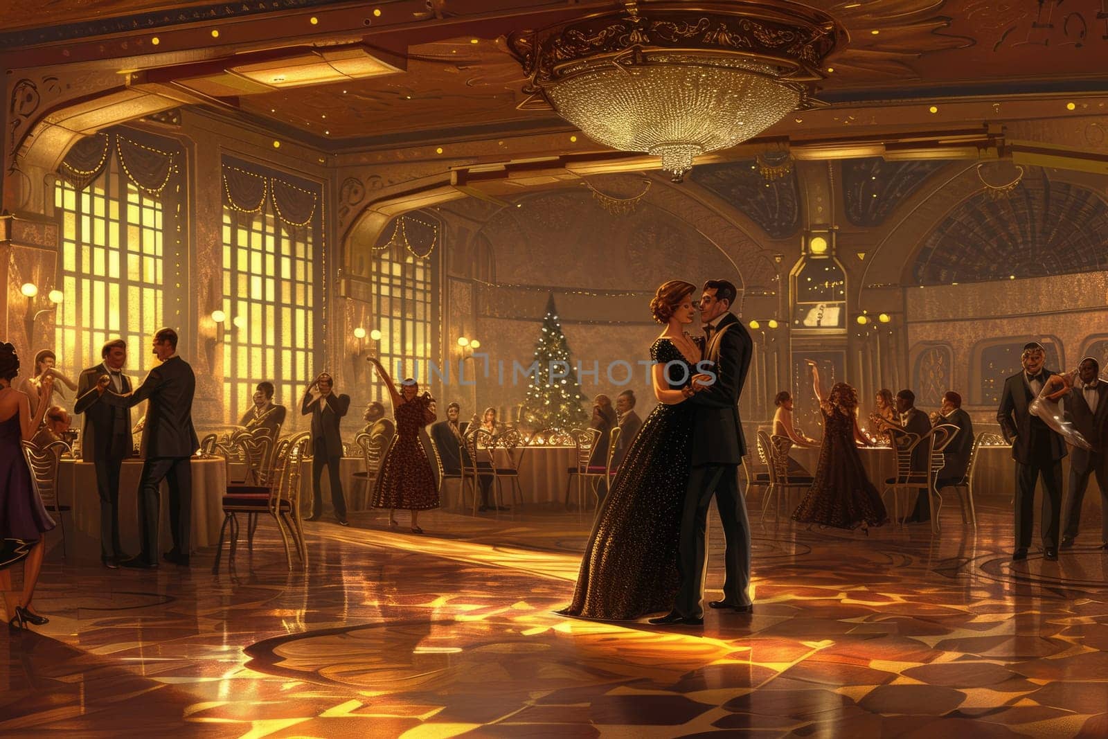 An art deco inspired ballroom from the 1920s, with elegant dancers and lavish decor. Resplendent.