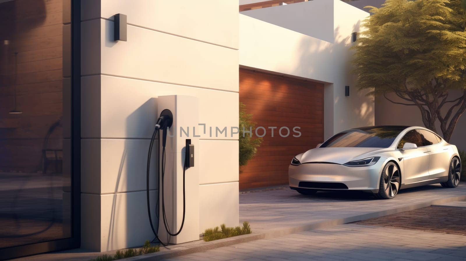 Generic electric vehicle EV hybrid car is being charged from wall charger on contemporary modern residential building house by JuliaDorian