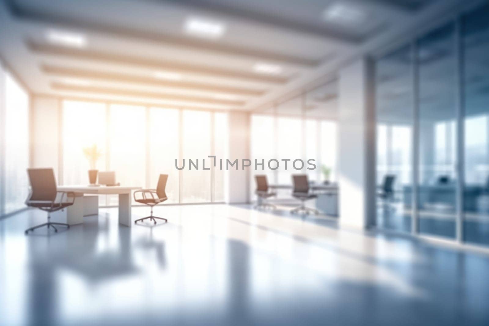 Beautiful blurred background of a light modern office interior with panoramic windows.
