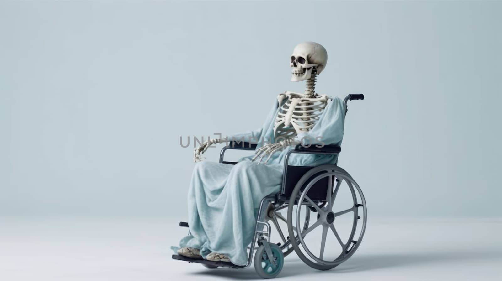 Human skeleton in medical wheelchair for invalid patient on white empty background. Hospital health care support.