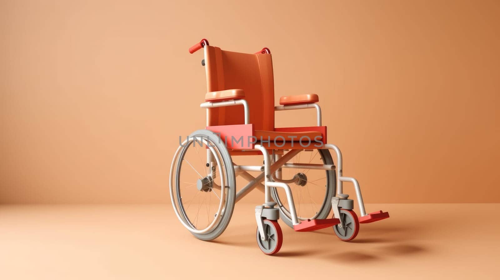 Empty medical wheelchair for invalid patient on orange empty background. Hospital health care support by JuliaDorian