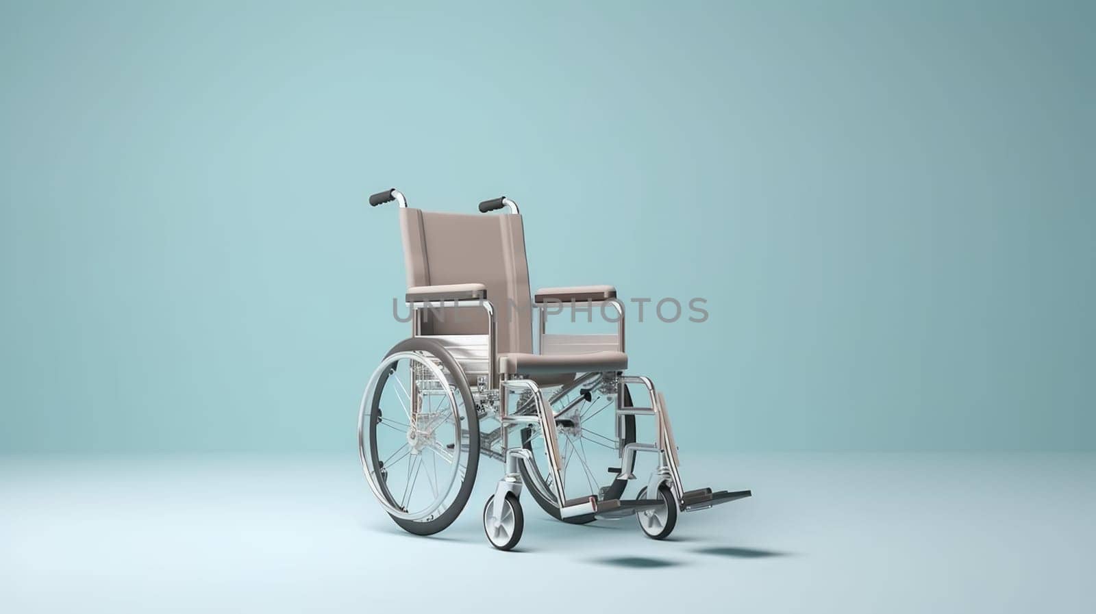 Empty medical wheelchair for invalid patient on blue empty background. Hospital health care support by JuliaDorian