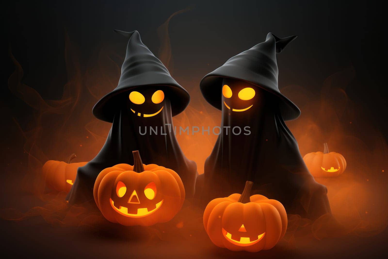 Pumpkins with witch hats on halloween background Generative AI.