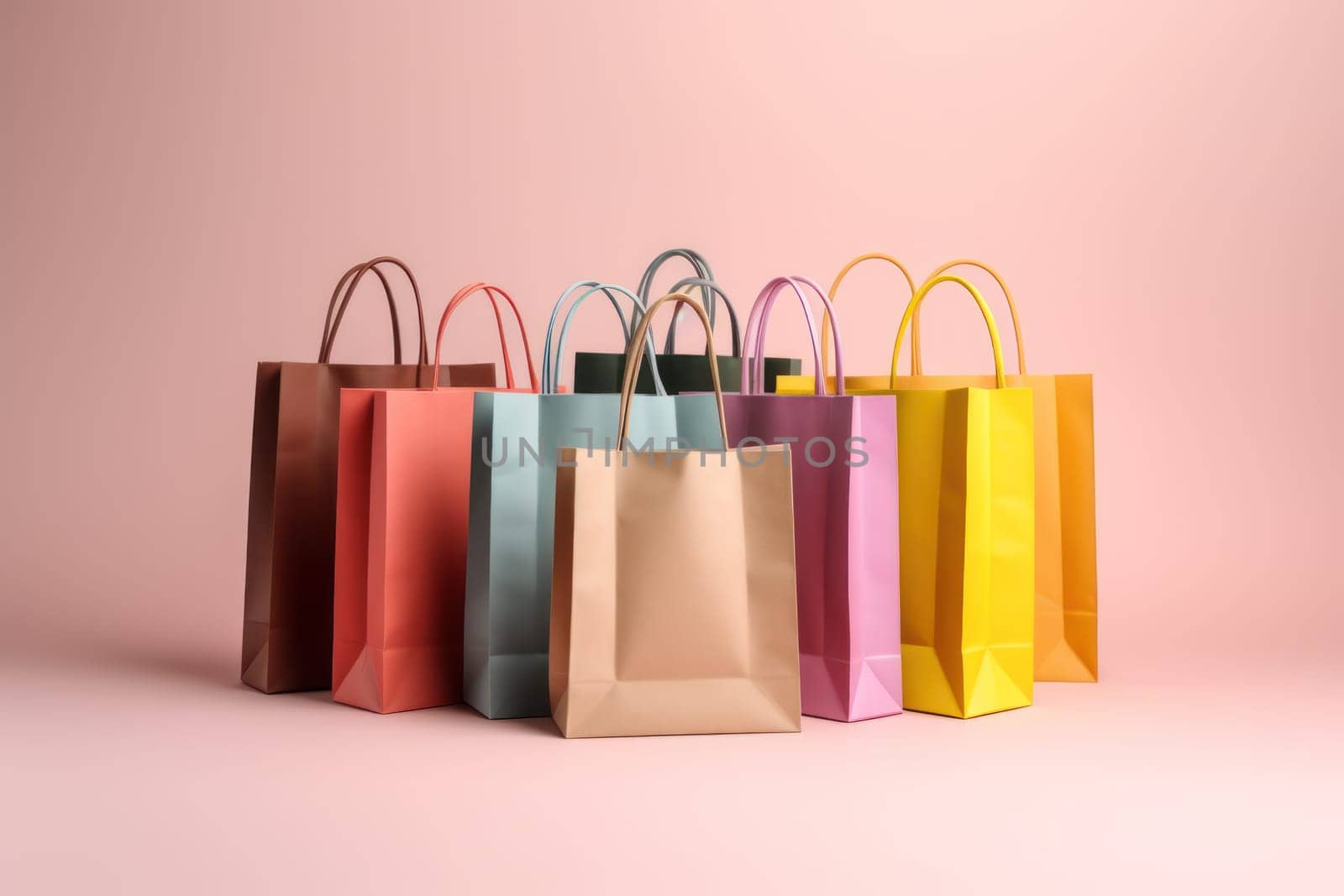 Studio shot of many colored shopping bags in a pastel background Generative AI.