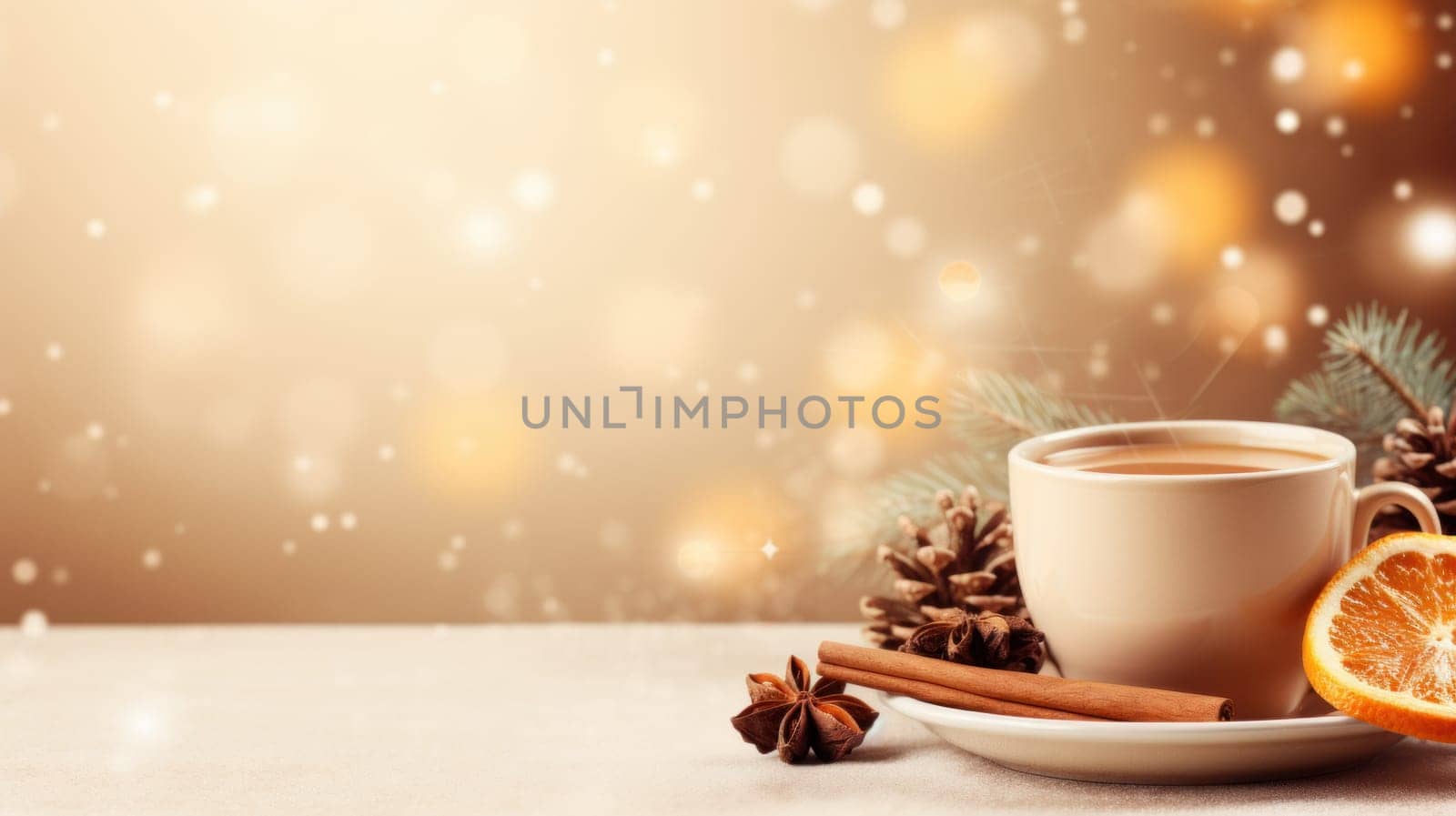 Cup of coffee at Christmas photorealistic copy space. Generative AI.