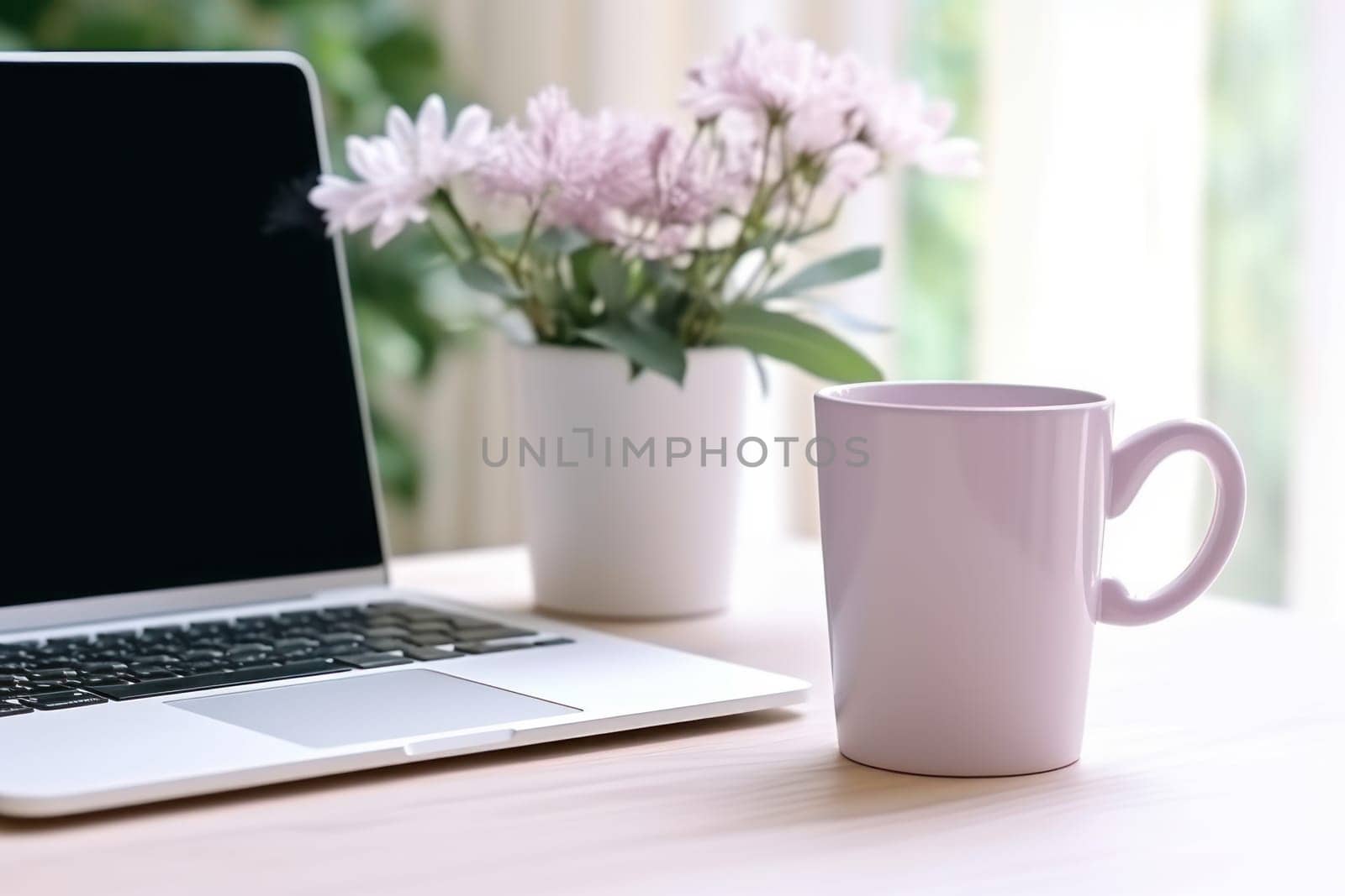Blank white coffee mug mockup on work desk Generative AI.