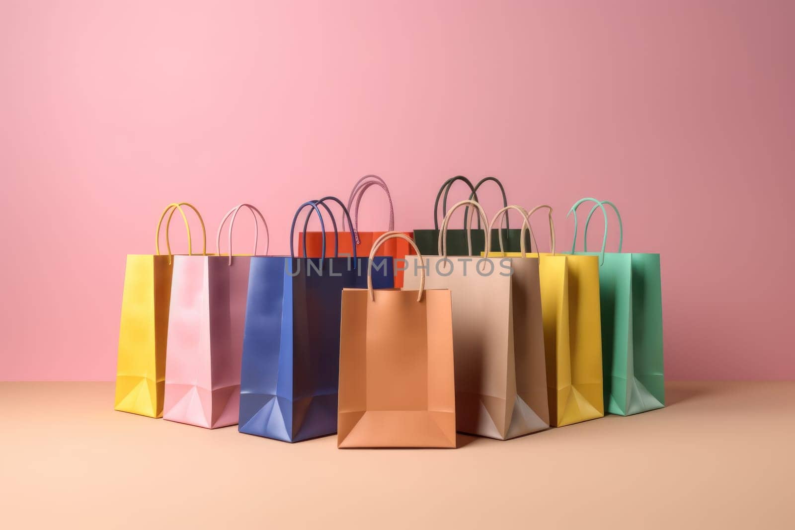 Studio shot of many colored shopping bags in a pastel background Generative AI.