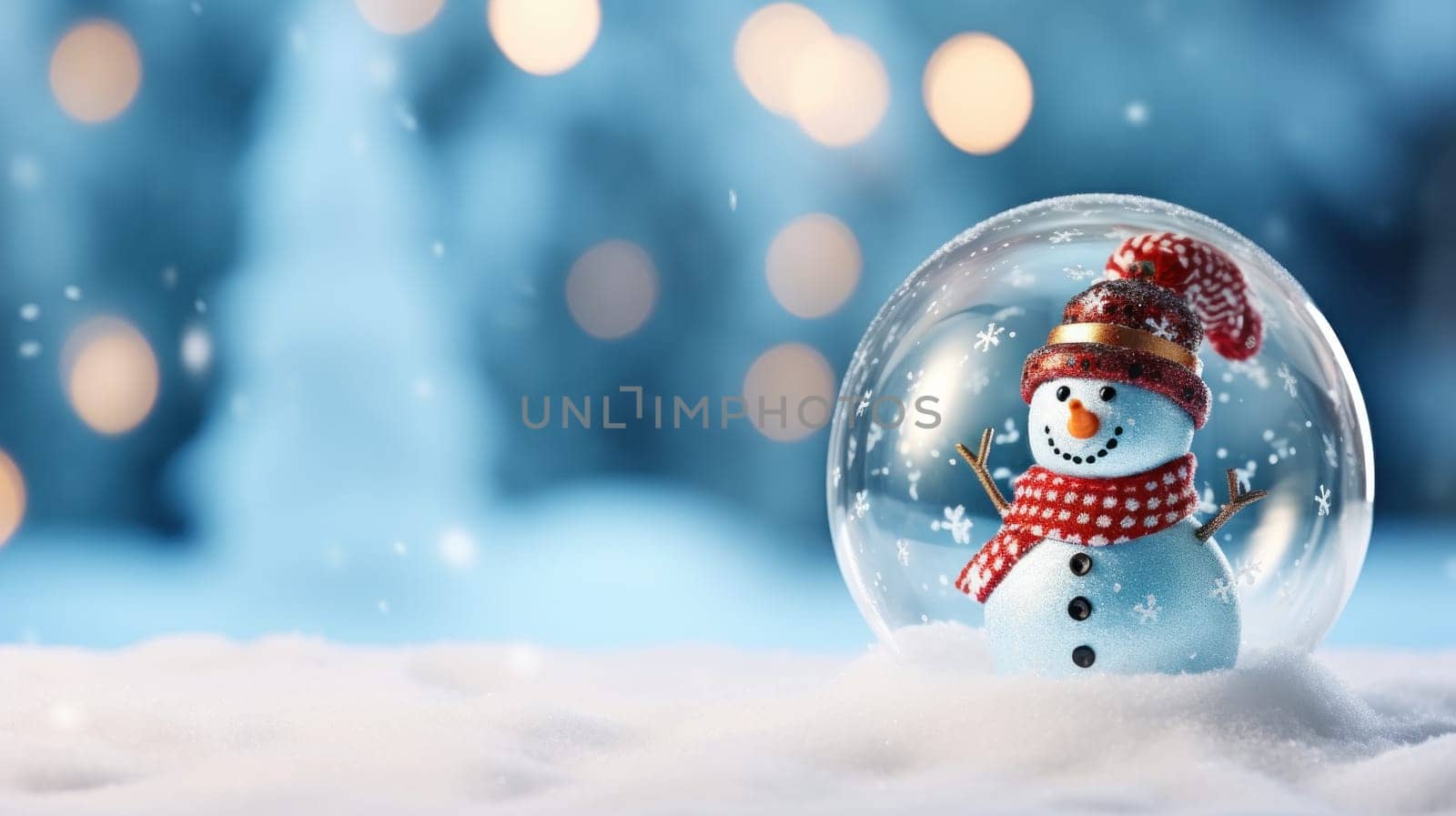 Glass ball on snow with snowman inside for Christmas. Generative AI.