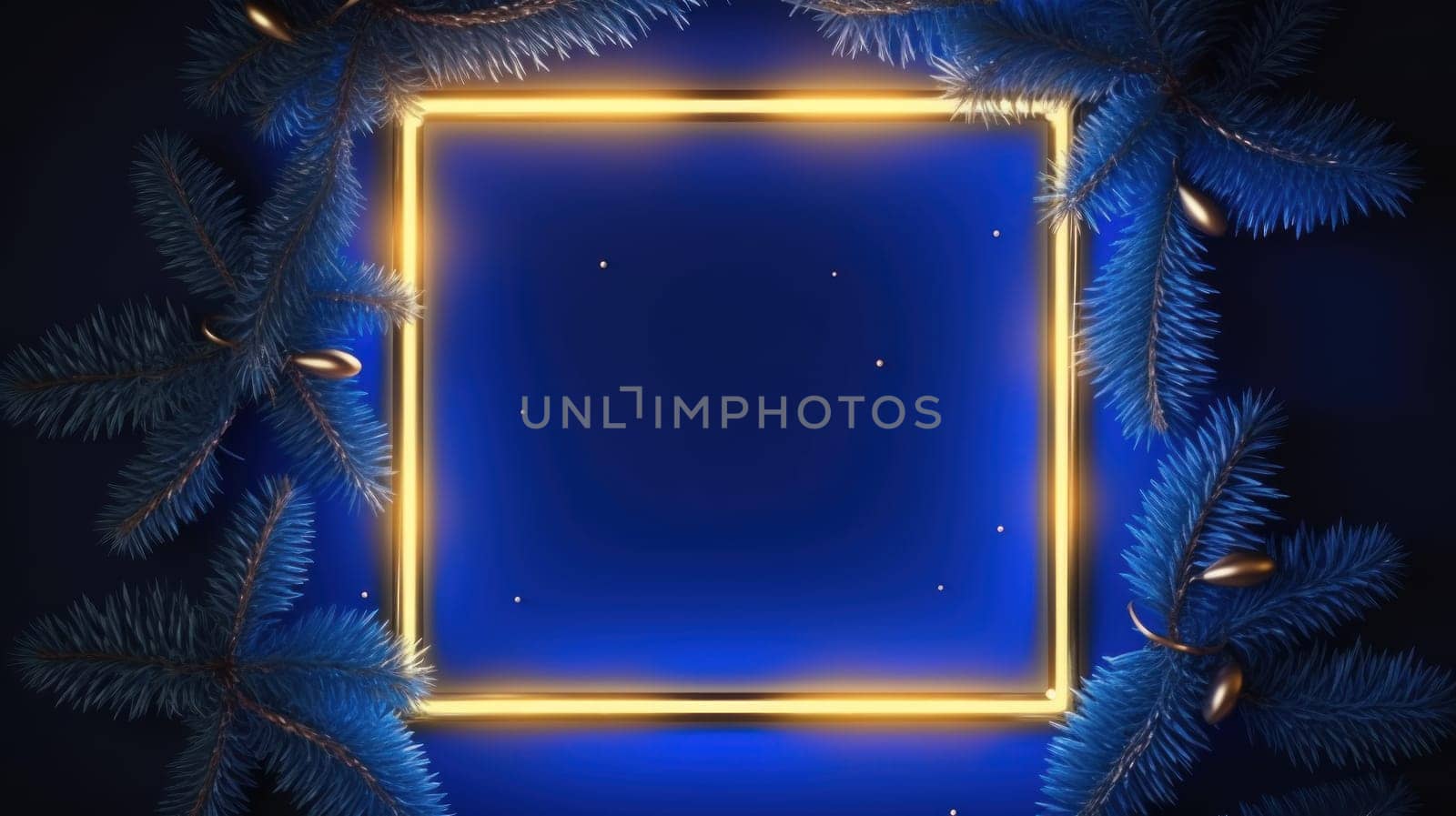 Blue neon frame with close up Christmas spruce branches with copy space. Generative AI.