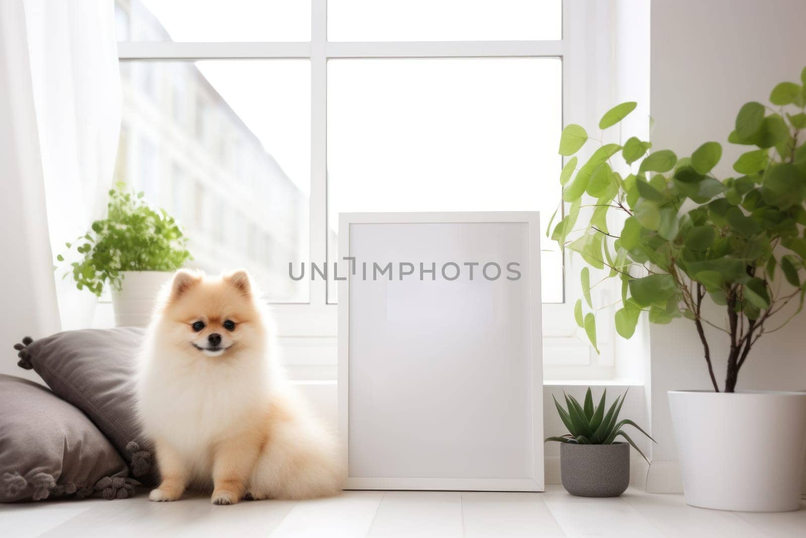 Picture a bright and airy living room with a white frame mockup with Pomeranian dog Generative AI.