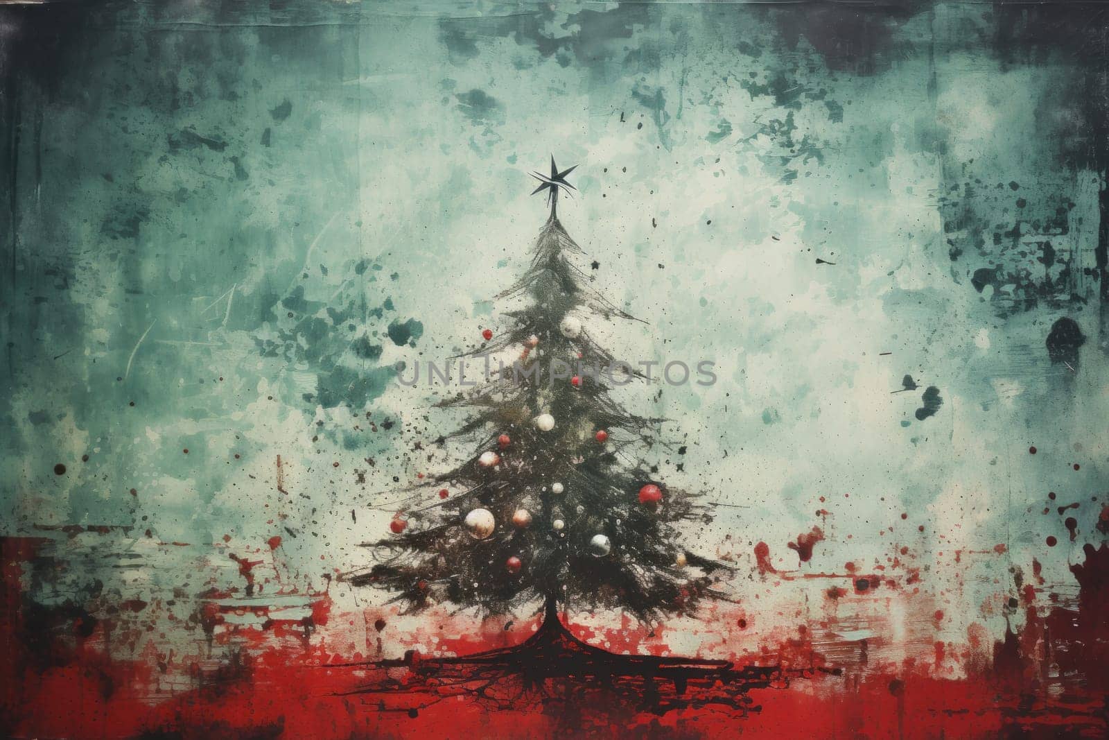Red Christmas. Grunge green Christmas tree background. Generative AI.