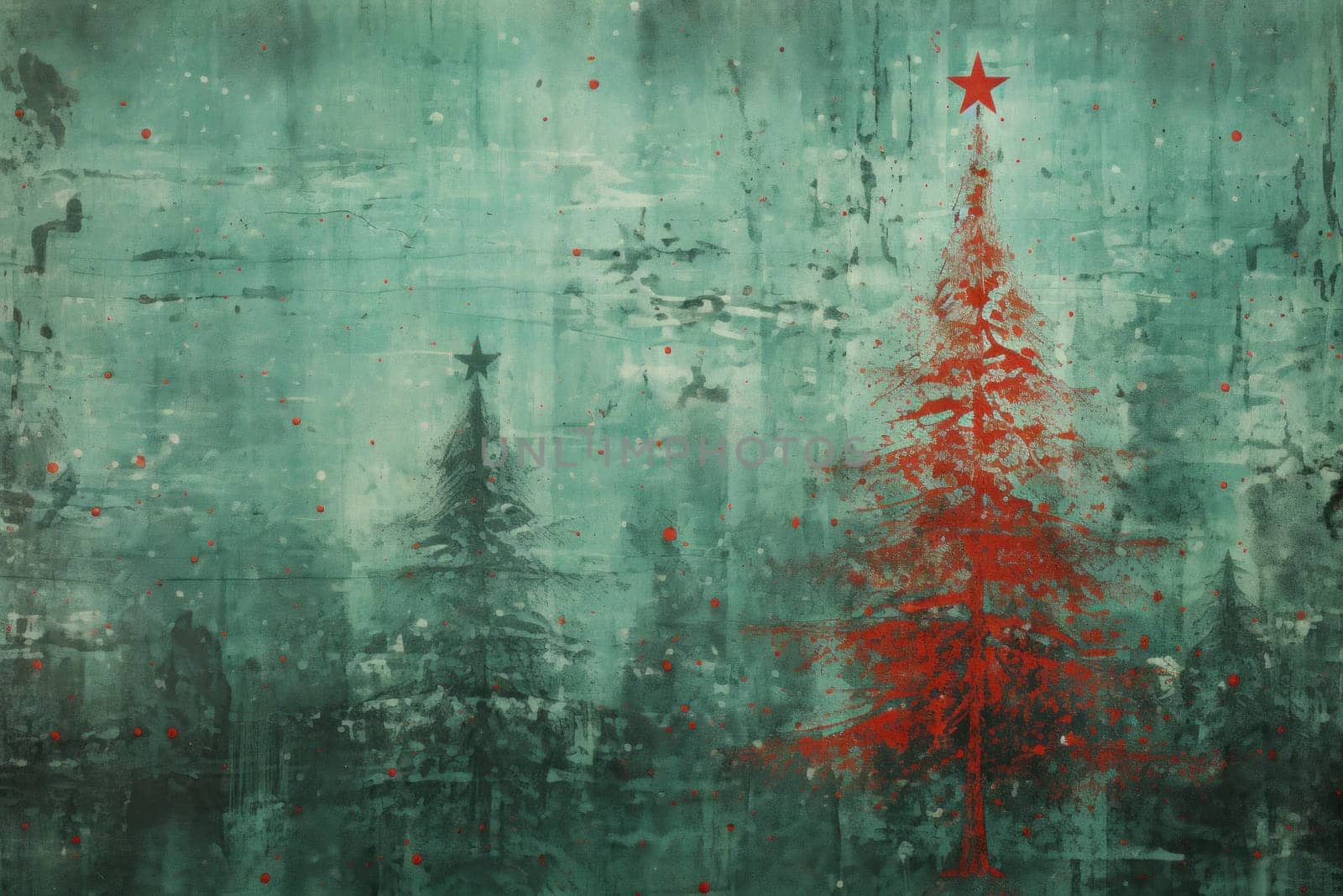 Red Christmas. Grunge green Christmas tree background. Generative AI.