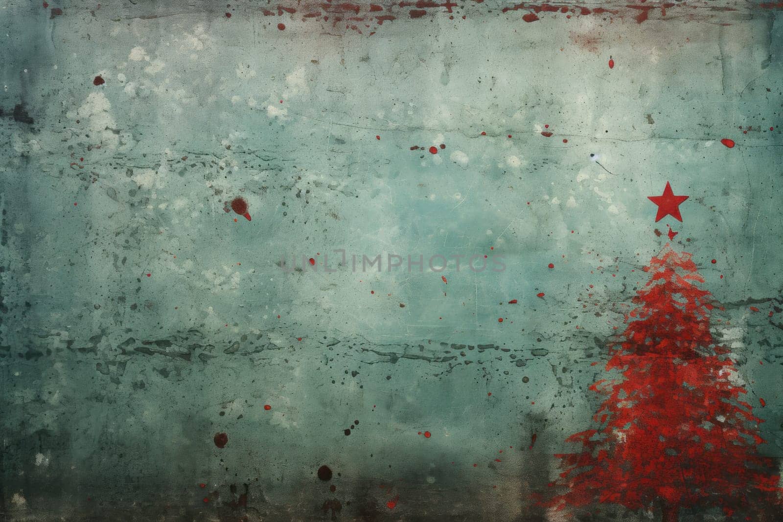 Red Christmas. Grunge green Christmas tree background. Generative AI.