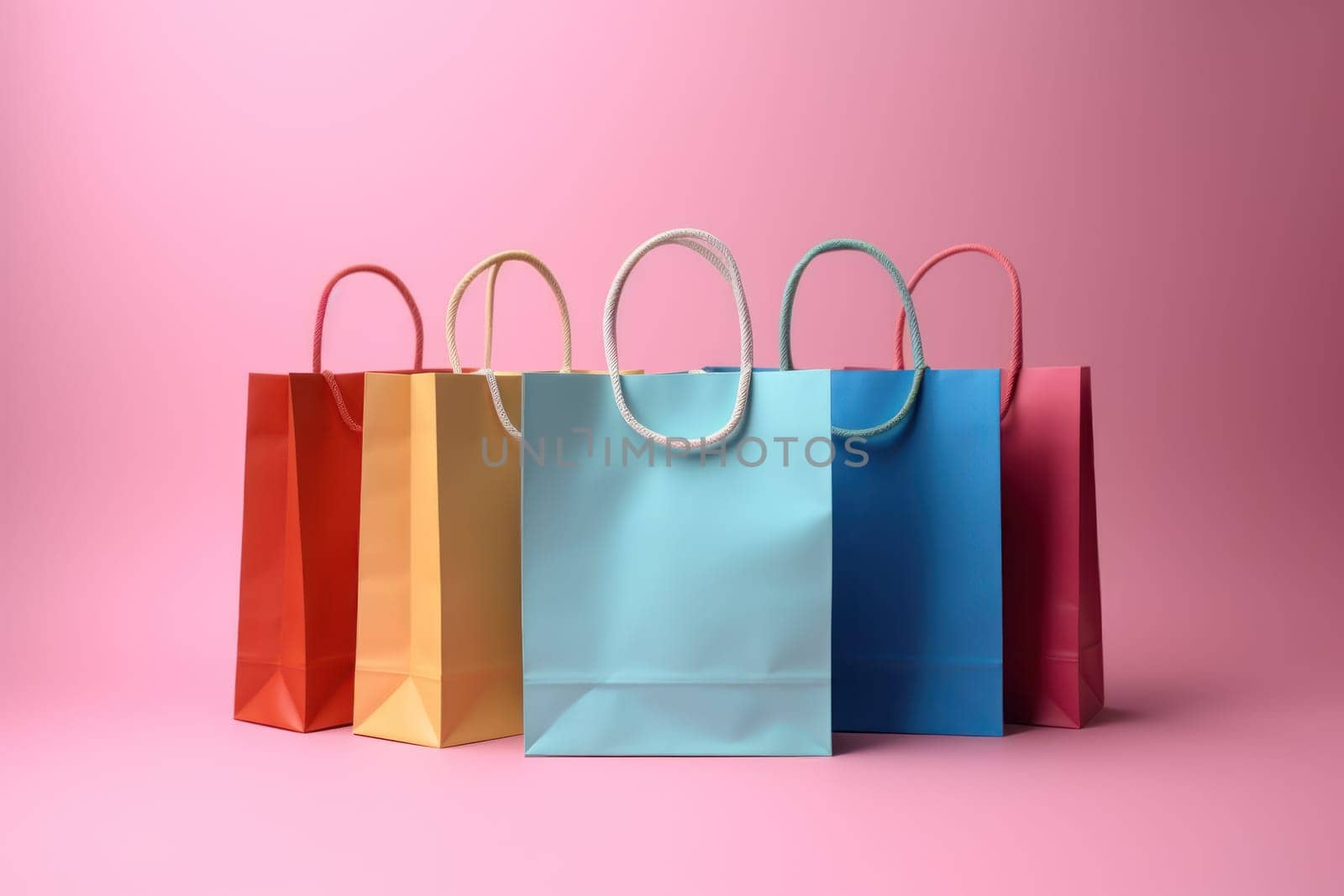 Studio shot of many colored shopping bags in a pastel background Generative AI by nijieimu