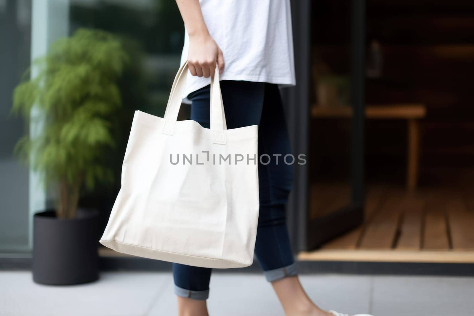 Model hold blank white fabric mockup bag for save environment on street fashion.