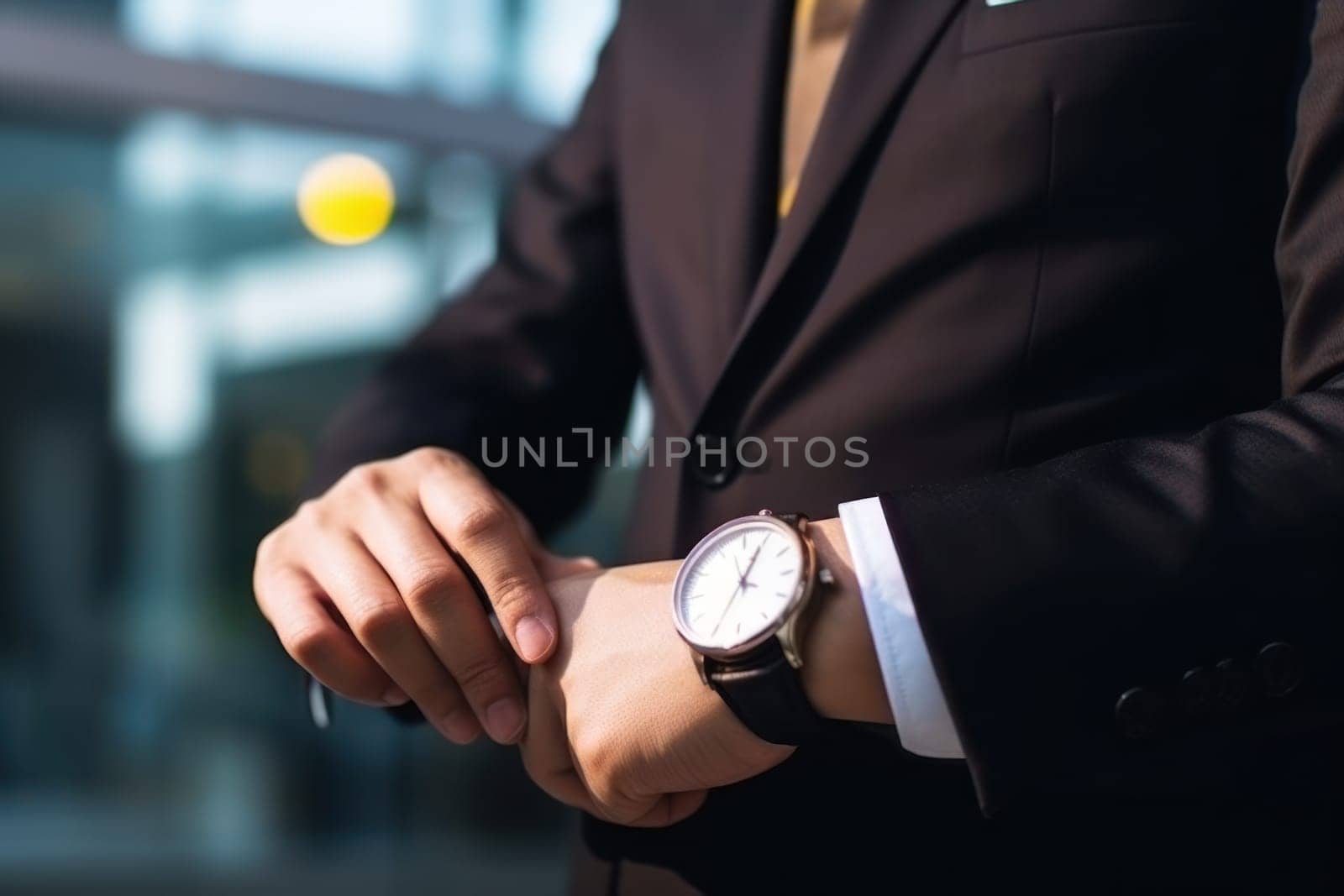 Businessman checking time from watch.