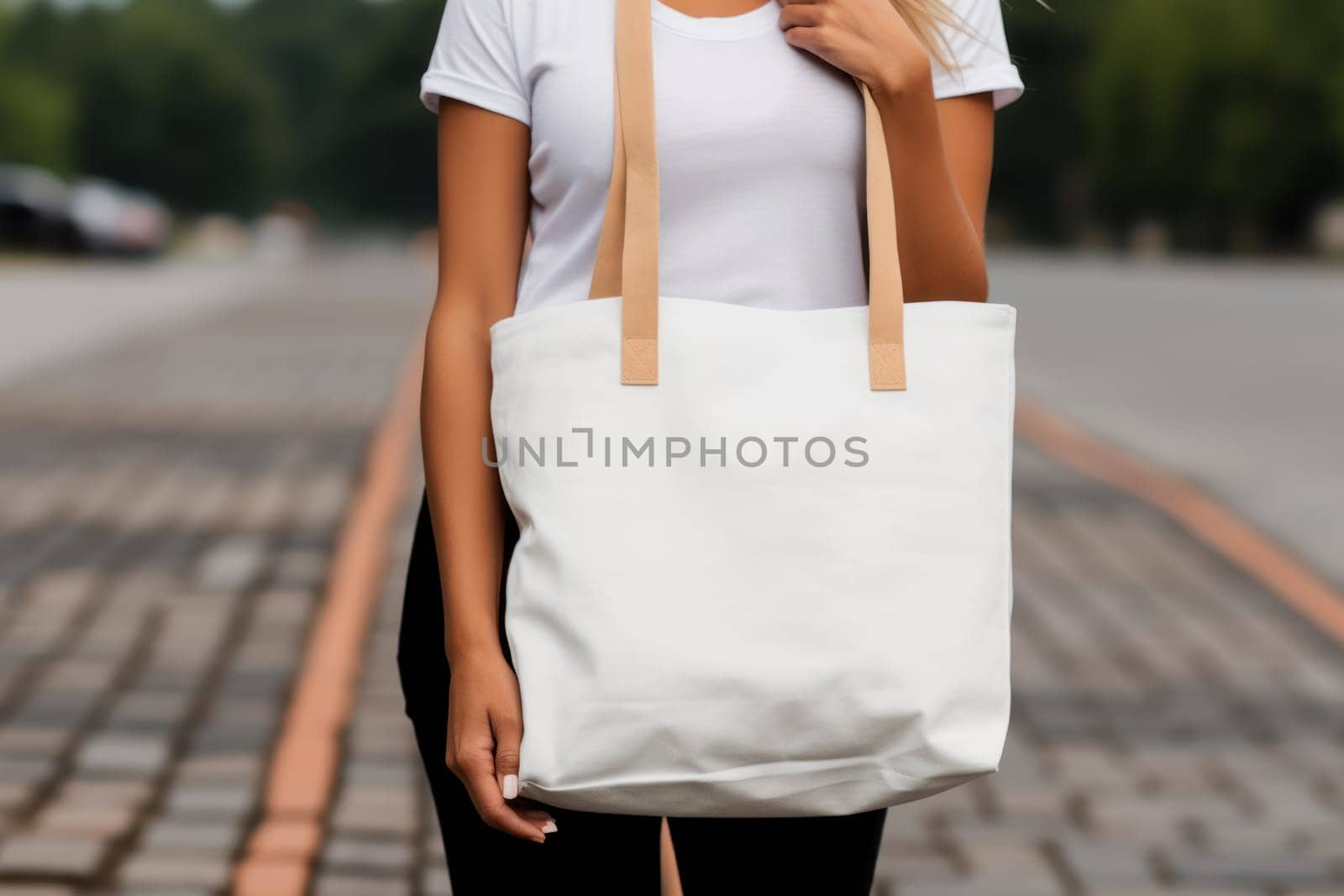 Model hold blank white fabric mockup bag for save environment on street fashion by nijieimu