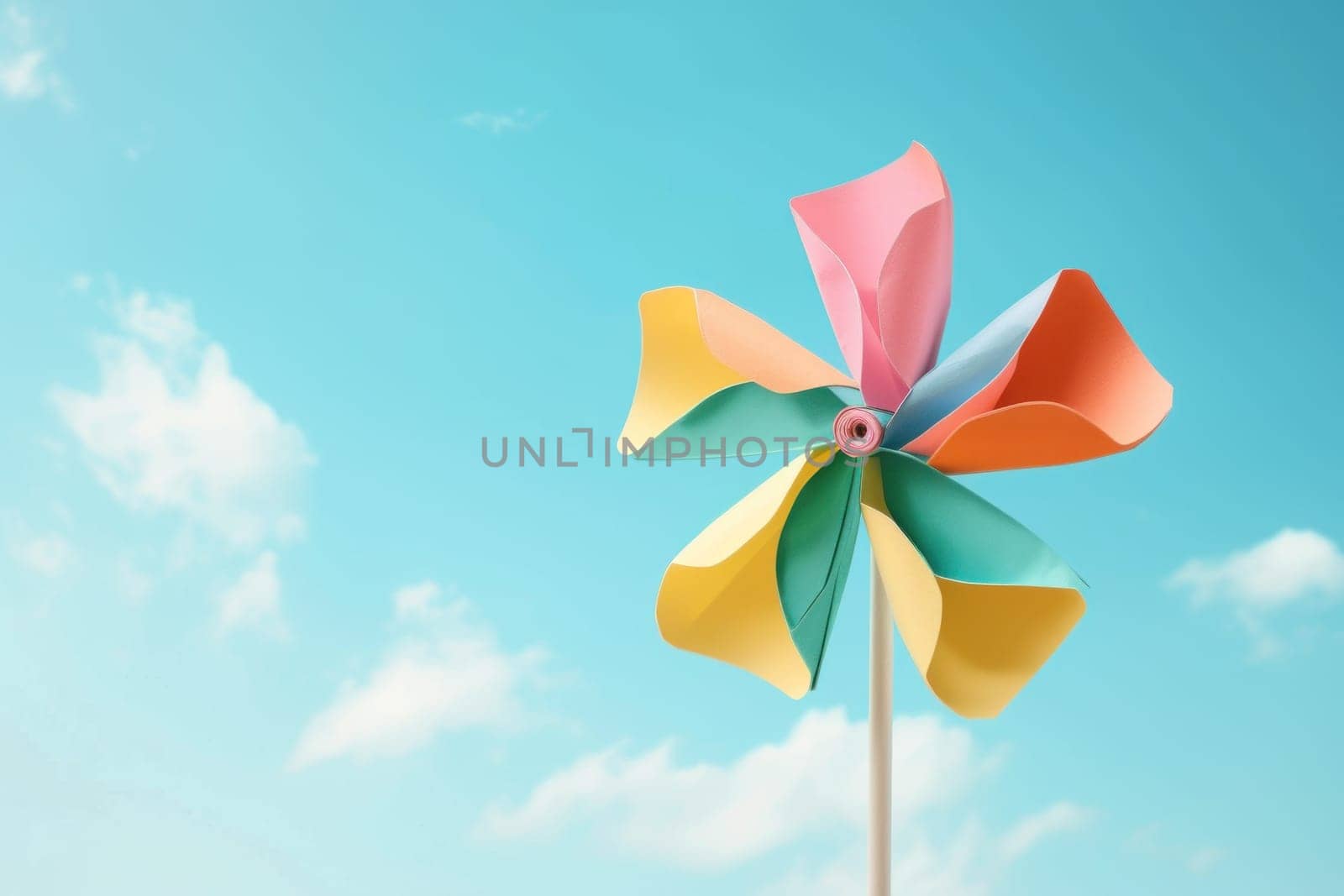 paper windmill on blue sky background. Generative AI.