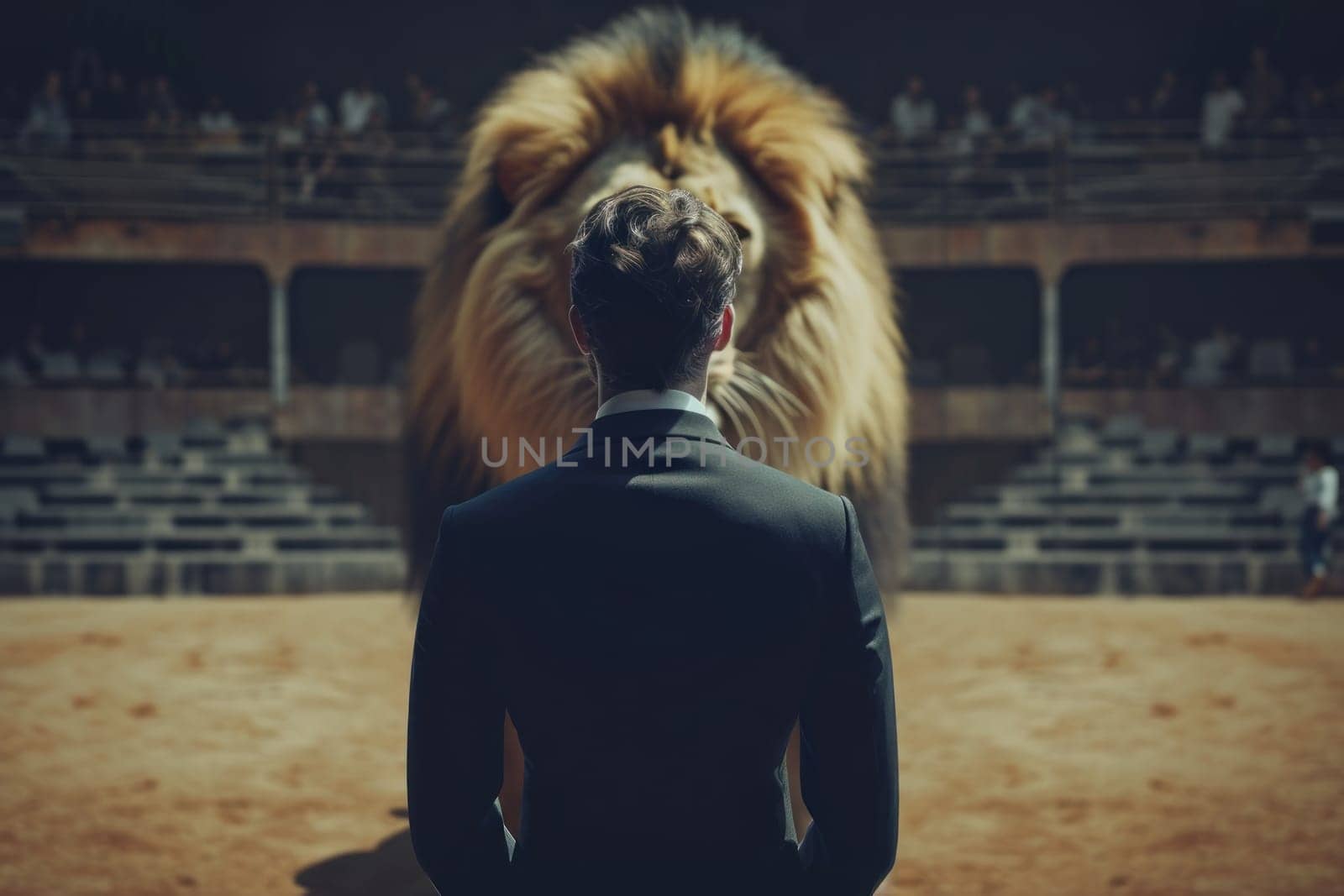 A Brave businessman facing a big lion Generative AI.