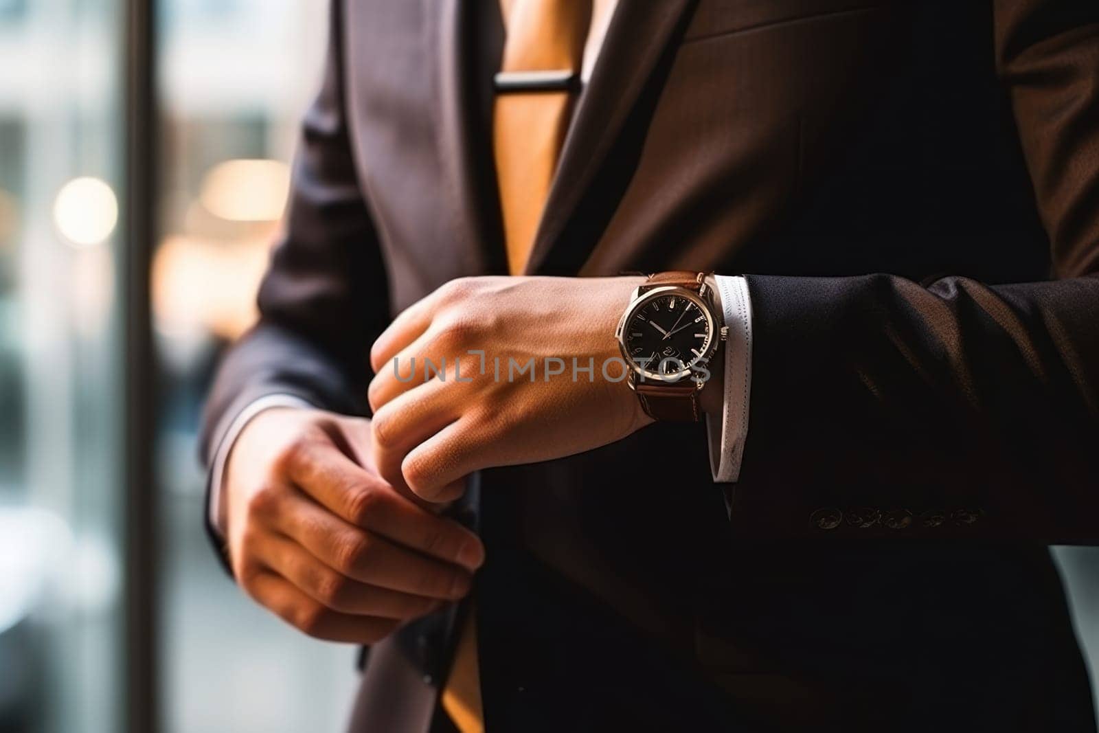 Businessman checking time from watch.