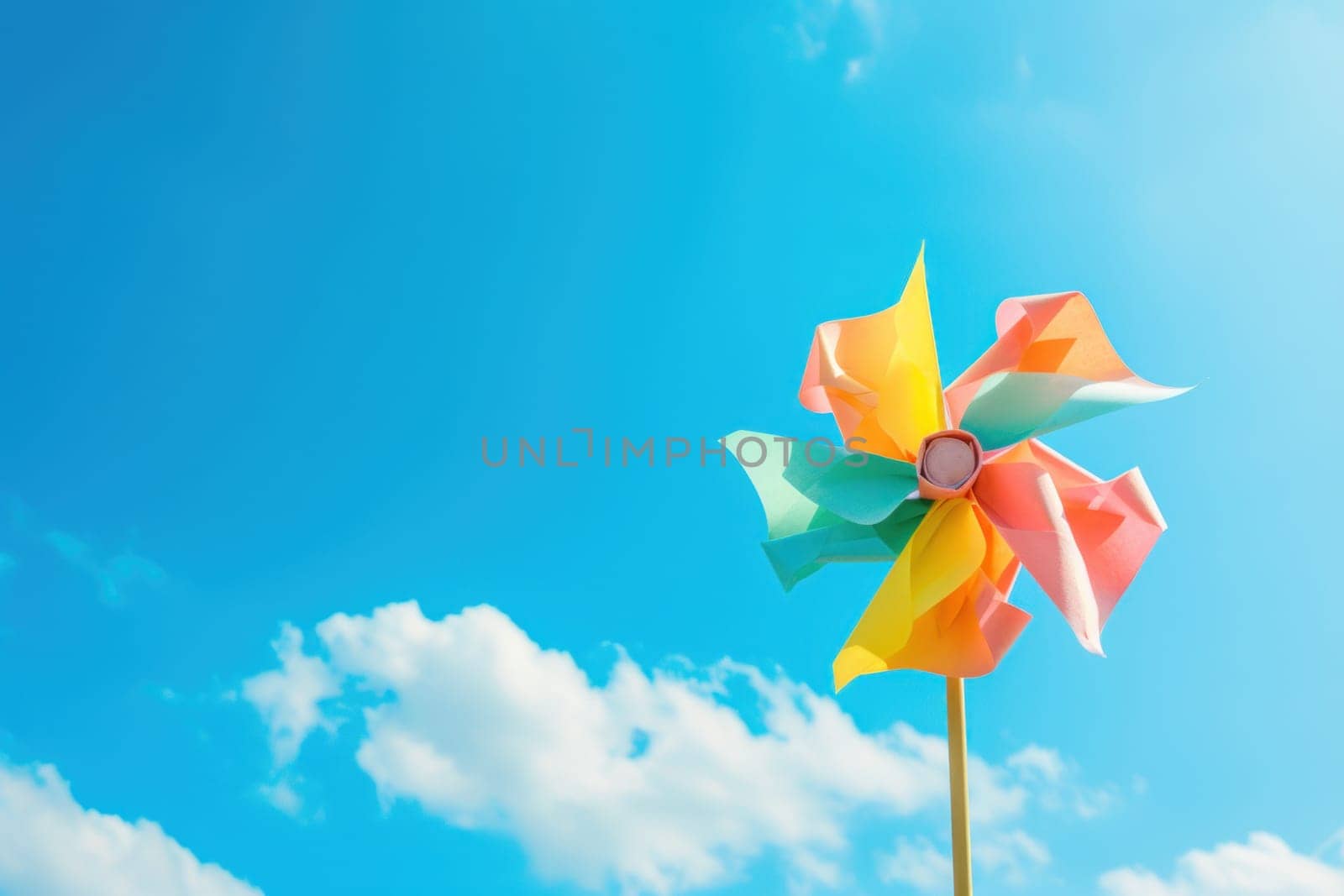 paper windmill on blue sky background. Generative AI.