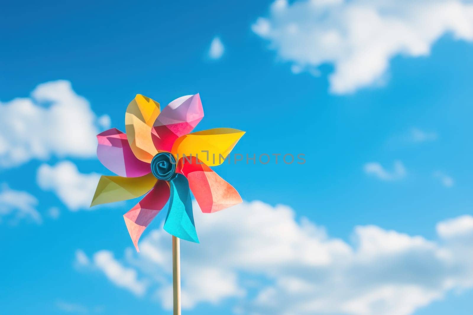 paper windmill on blue sky background. Generative AI.