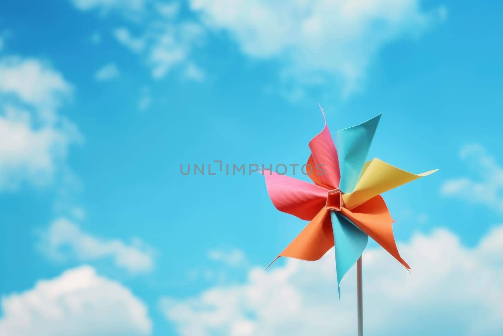 paper windmill on blue sky background. Generative AI.