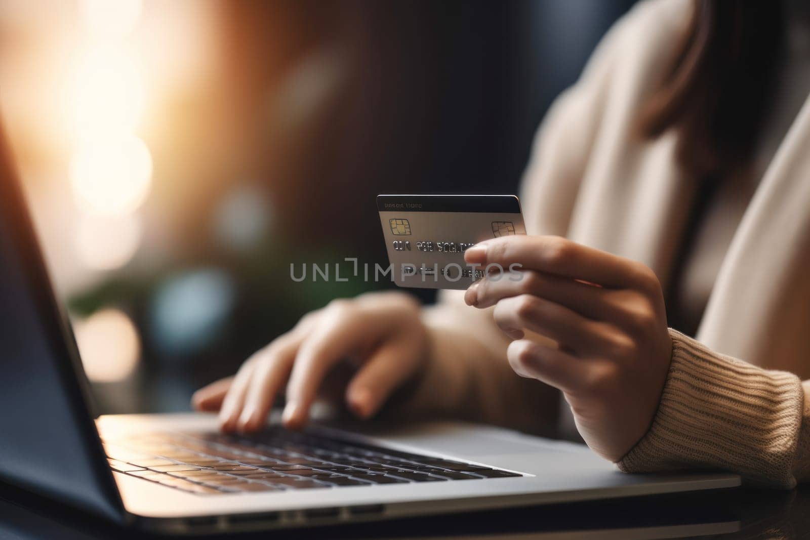 Close-up of female hand holding credit card and laptop making Internet purchase.